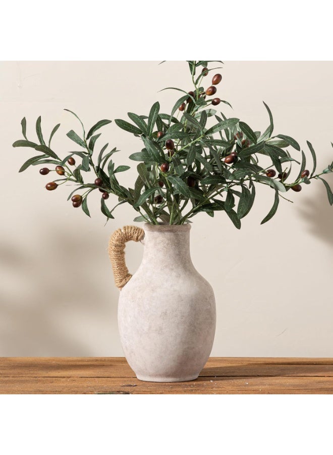 10 Inch Large White Rustic Ceramic Flower Vase with Artificial Olive Branches INCLUDED - Image 1