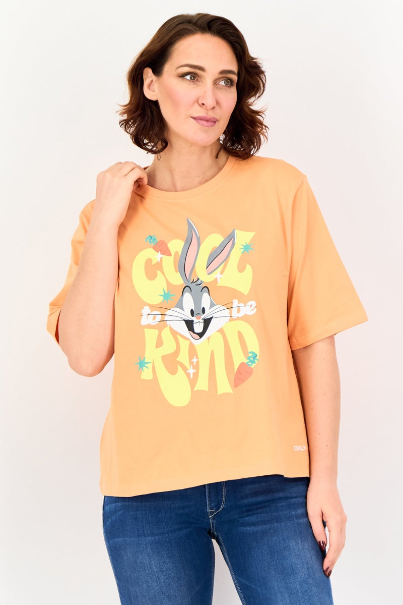 ONLY Women Round Neck Short Sleeve Looney Tunes T-shirt, Orange - Image 1