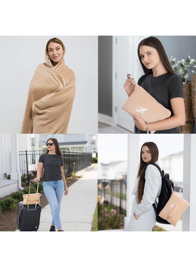 BlueHills 2-Pack Mini Premium Soft Plush Travel Blanket Pillow Airplane Essentials for Two in bag Flight Traveling Warm Portable Plane Blankets Compact Cozy Traveler Backpack Blankets Warm Beige - M26  - Image 2