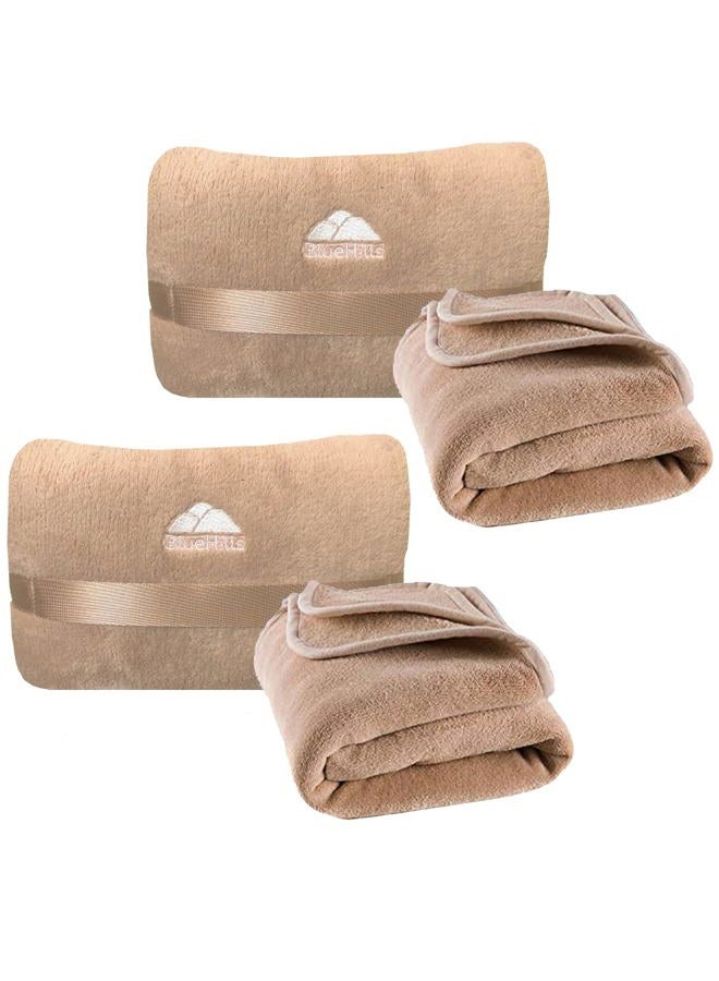 BlueHills 2-Pack Mini Premium Soft Plush Travel Blanket Pillow Airplane Essentials for Two in bag Flight Traveling Warm Portable Plane Blankets Compact Cozy Traveler Backpack Blankets Warm Beige - M26  - Image 1
