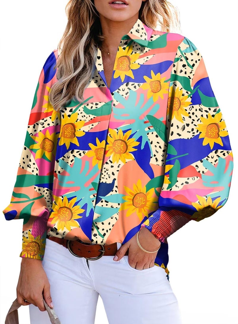 Astylish Boho Tops for Women Collar Puff Sleeve Blouse Summer V-Neck Paisley Oversized Button Down Shirt Dressy Orange Medium - Image 1