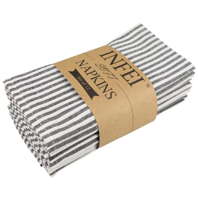 INFEI Plain Striped Cotton Linen Blended Dinner Cloth Napkins Set of 12 17 x 17 inches for Events Home Use Black