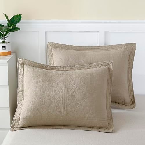WINLIFE 100% Cotton Quilted Pillow Sham Floral Printed Pillow Cover Khaki/Taupe - Image 1