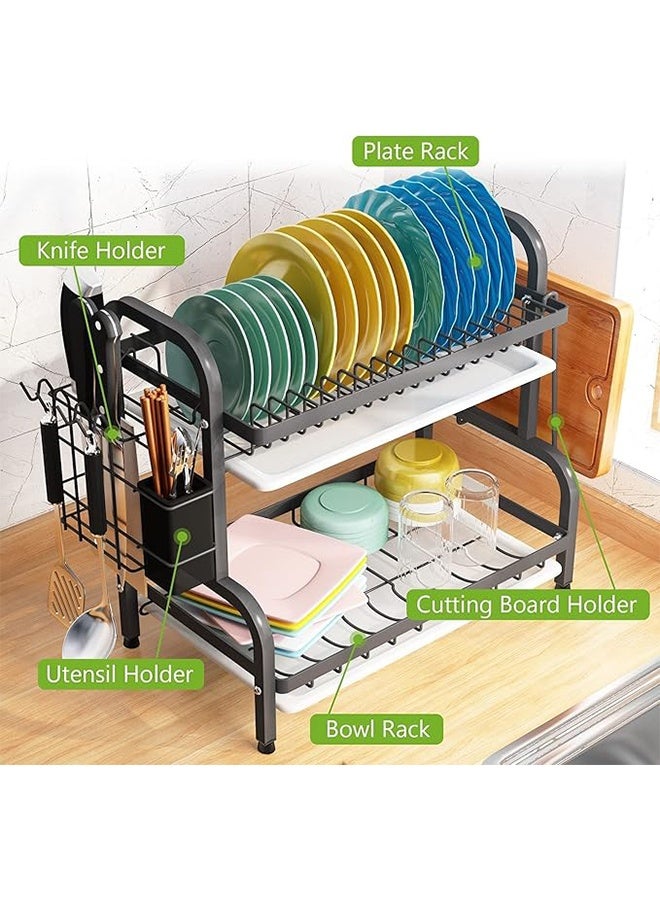 Dish Drying Rack, 2-Tier Compact Kitchen Dish Rack Drainboard Set, Large Rust-Proof Dish Drainer with Utensil Holder, Cutting Board Holder for Kitchen - Image 5