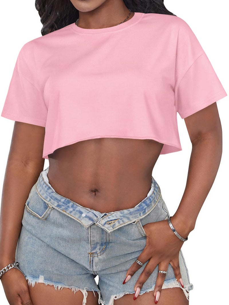 CHICGAL Crop Tops for Women Casual Short Sleeve T Shirts Summer Basic Top Crew Neck Oversized Cropped Tees(Pink, M) - Image 1