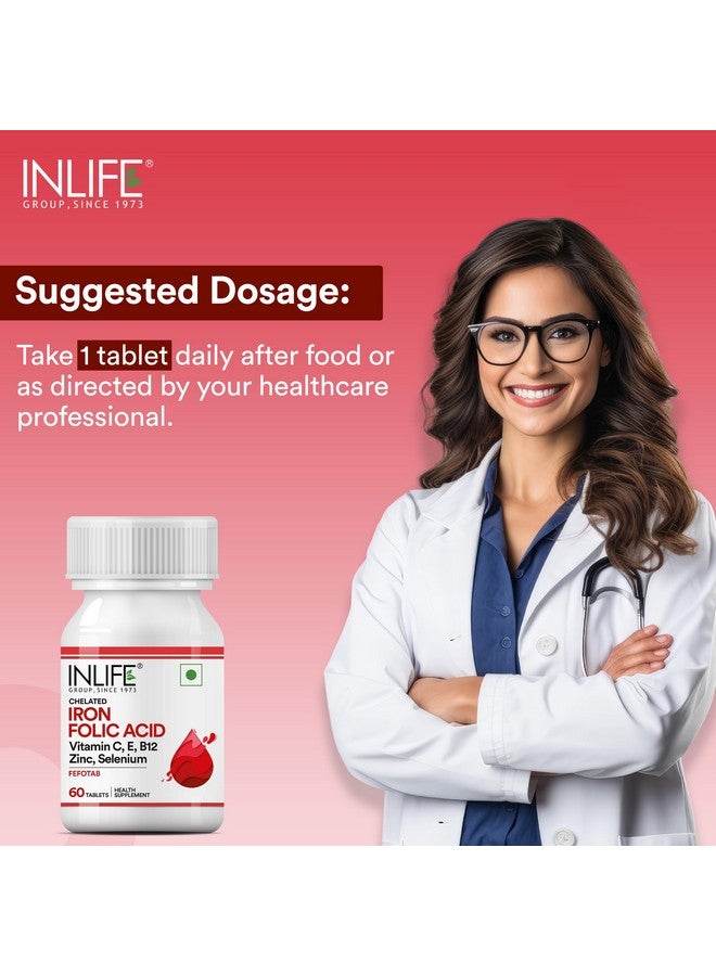 Inlife مكمل الحديد المخلب وحمض الفوليك مع فيتامين C و E و B12 والزنك والسيلينيوم للرجال والنساء - 60 قرص (عبوة من 1) - Image 3
