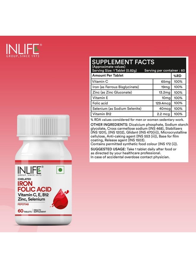 Inlife مكمل الحديد المخلب وحمض الفوليك مع فيتامين C و E و B12 والزنك والسيلينيوم للرجال والنساء - 60 قرص (عبوة من 1) - Image 2