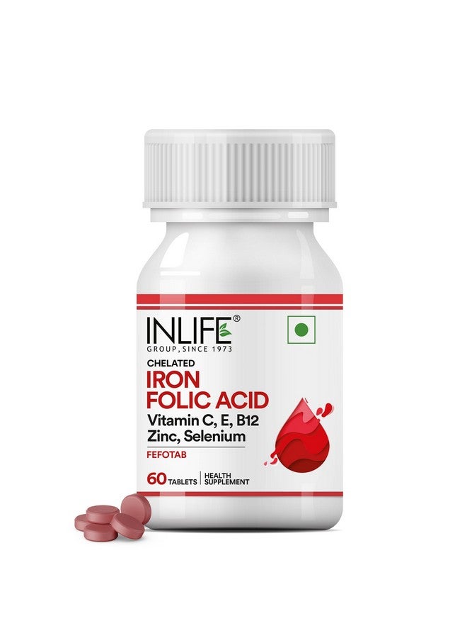 Inlife مكمل الحديد المخلب وحمض الفوليك مع فيتامين C و E و B12 والزنك والسيلينيوم للرجال والنساء - 60 قرص (عبوة من 1) - Image 1
