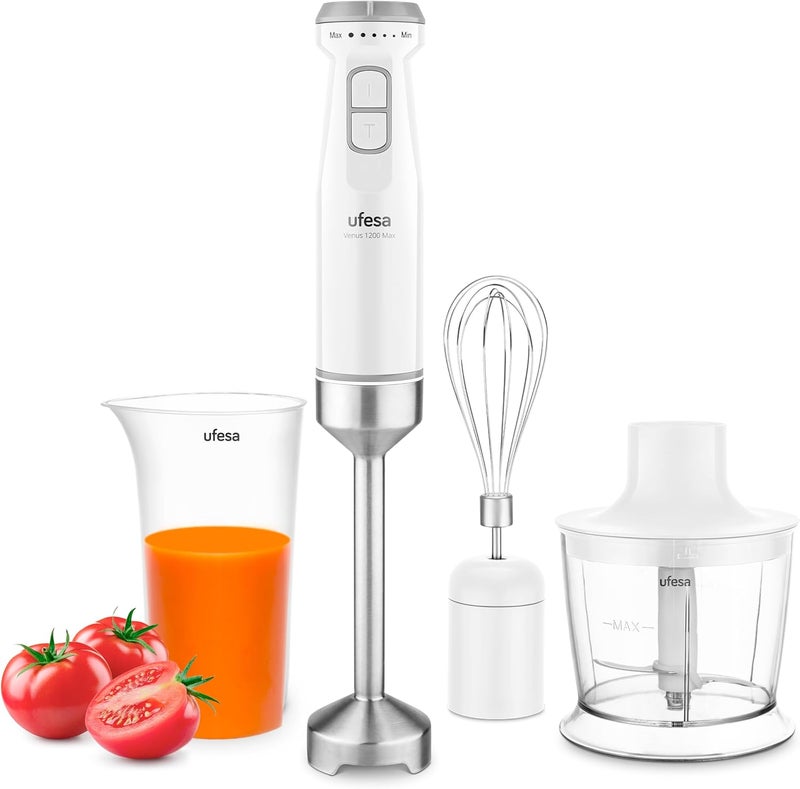 Ufesa Venus Max 1200W Hand Blender with Turbo Function, 4 Stainless Steel Blades, Variable Speed, Splash Proof Design, 3-in-1 Set with Chopper, Whisk and Measuring Cup - Image 1