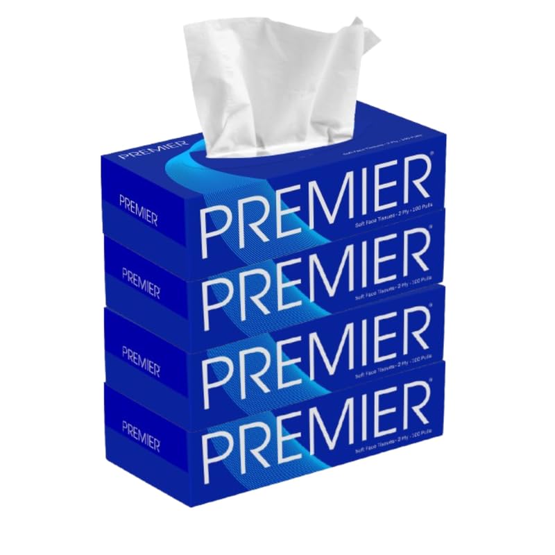 Premier 2-Ply Box Face Tissue Papers – 100 Pulls per Box (Pack of 4, 400 Pulls, 800 Sheets) –Ultra Soft, Gentle & Highly Absorbent Facial Tissues for Home, Office, Car & Travel | Blue - Image 1