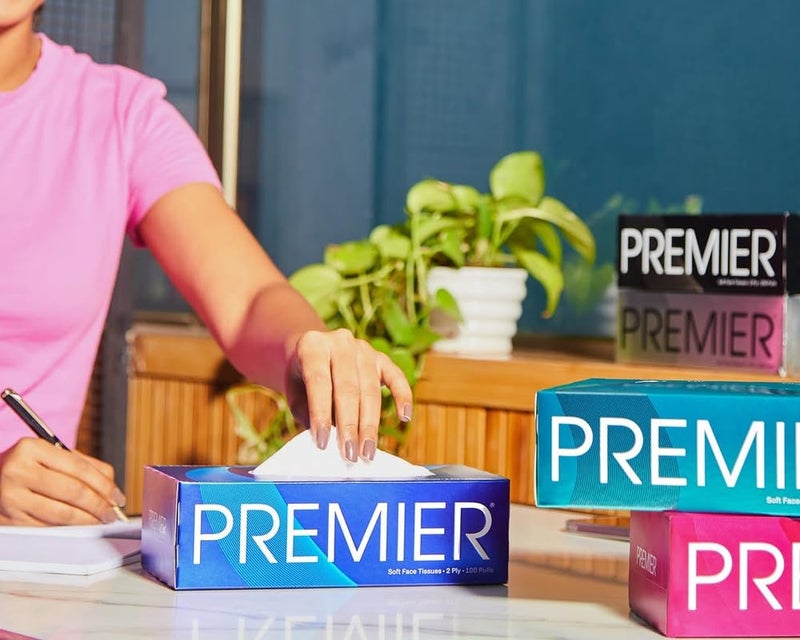 Premier 2-Ply Box Face Tissue Papers – 100 Pulls per Box (Pack of 4, 400 Pulls, 800 Sheets) –Ultra Soft, Gentle & Highly Absorbent Facial Tissues for Home, Office, Car & Travel | Blue - Image 2