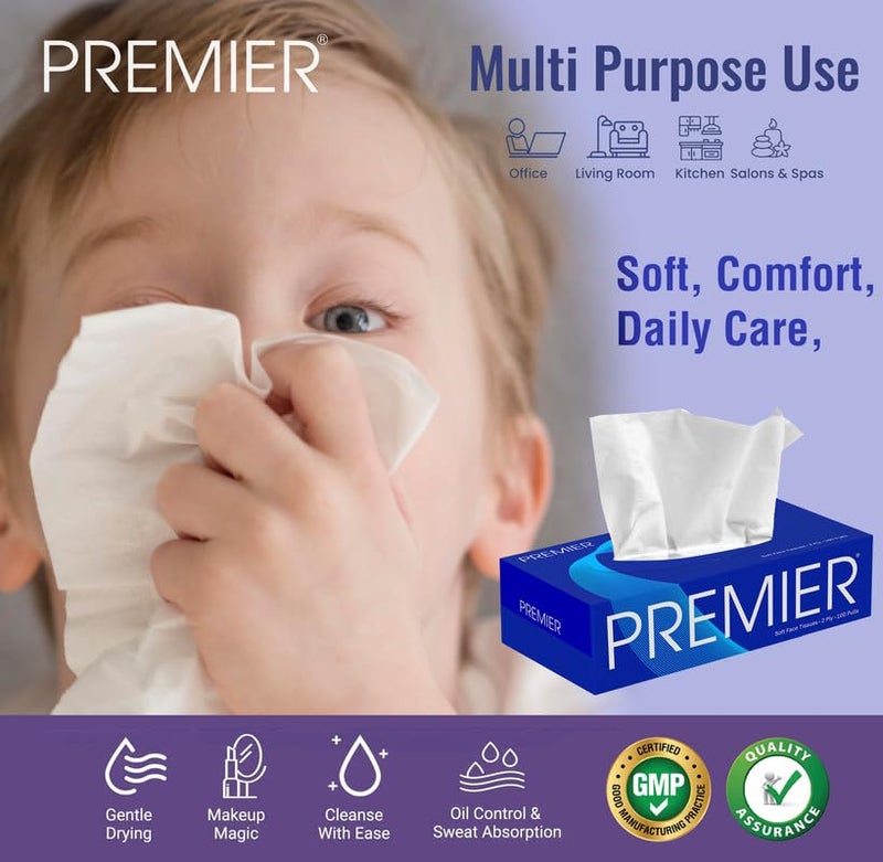 Premier 2-Ply Box Face Tissue Papers – 100 Pulls per Box (Pack of 4, 400 Pulls, 800 Sheets) –Ultra Soft, Gentle & Highly Absorbent Facial Tissues for Home, Office, Car & Travel | Blue - Image 4
