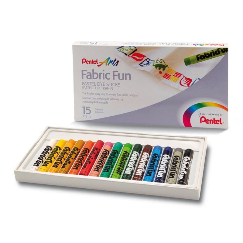 Pentel Arts Fabric Fun Pastel Dye Sticks Bright Vivid Colours AcidFree Pigment Dye Sticks for Use on Fabric Only Set of 15 Shades PTS15 - Image 1