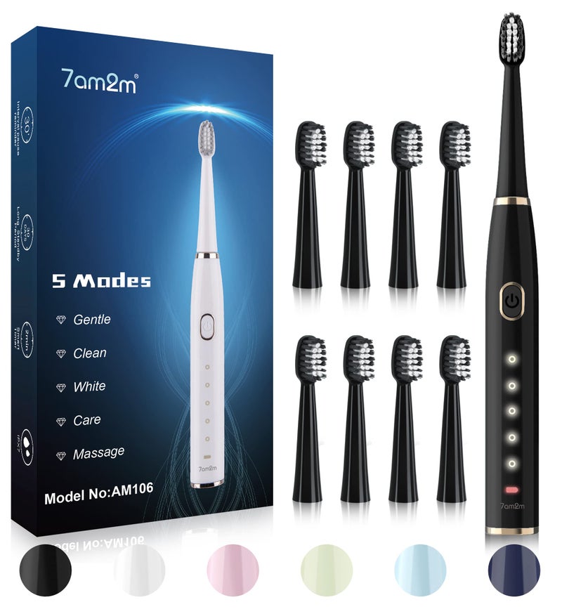 7AM2M Sonic Electric Toothbrush for Adults and Kids- High Power Rechargeable Toothbrushes with 8 Brush Heads,5 Adjustable Modes, Built-in 2-Minute Smart Timer,4 Hours Fast Charge for 30 Days(Black) - Image 1