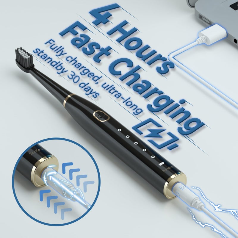 7AM2M Sonic Electric Toothbrush for Adults and Kids- High Power Rechargeable Toothbrushes with 8 Brush Heads,5 Adjustable Modes, Built-in 2-Minute Smart Timer,4 Hours Fast Charge for 30 Days(Black) - Image 3