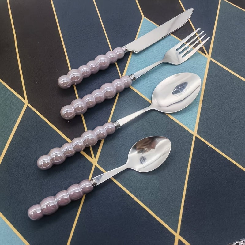 طقم أدوات مائدة فاخر من الفولاذ المقاوم للصدأ بتصميم رجعي، 16 قطعة باللون الأرجواني التارو مع مقابض لؤلؤية، يشمل سكاكين وشوك العشاء لخدمة المطاعم والعائلات - Image 5