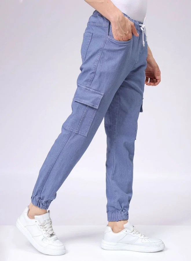 The Indian Garage Co Men Regular Fit Overdyed Mid-Rise Stretchable Denim Cargo Joggers