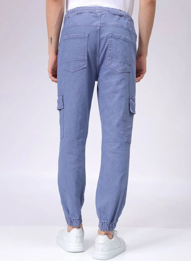 The Indian Garage Co Men Regular Fit Overdyed Mid-Rise Stretchable Denim Cargo Joggers