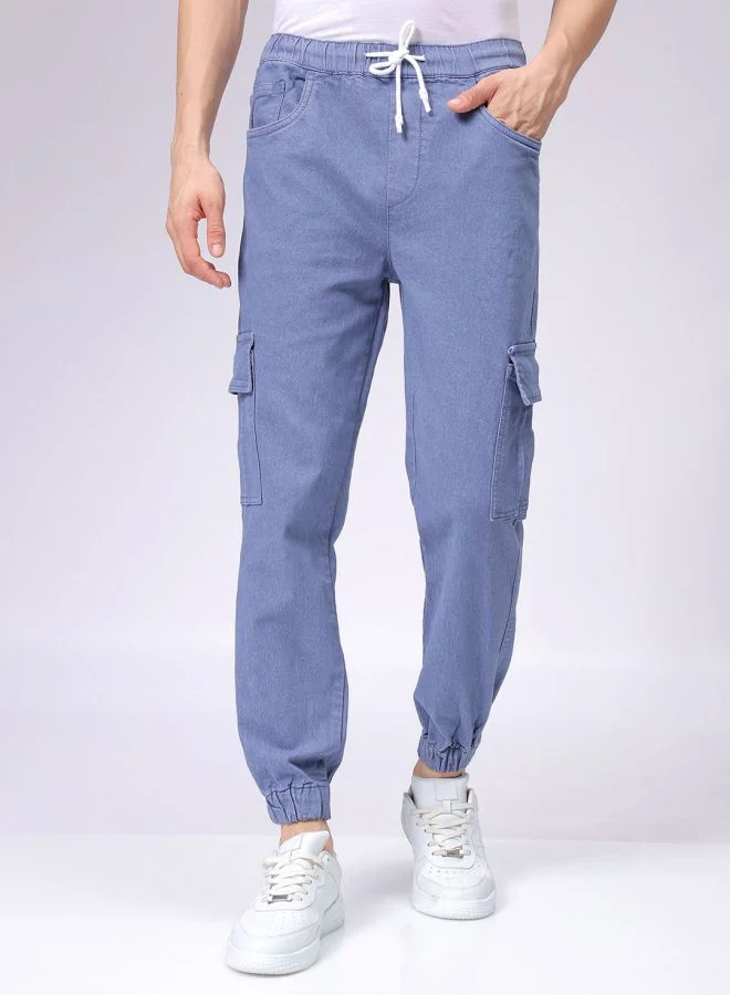 The Indian Garage Co Men Regular Fit Overdyed Mid-Rise Stretchable Denim Cargo Joggers
