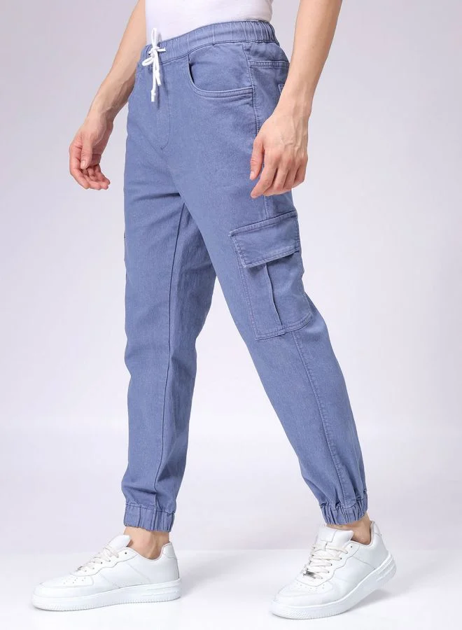 The Indian Garage Co Men Regular Fit Overdyed Mid-Rise Stretchable Denim Cargo Joggers