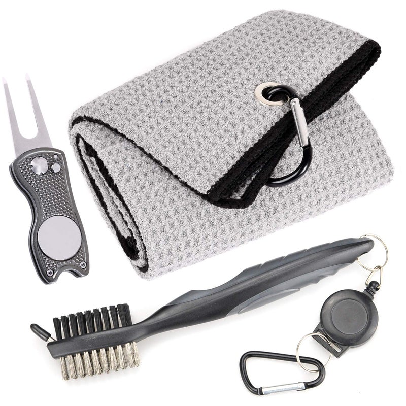 Mile High Life Microfiber Waffle Pattern Golf Towel  Club Groove Cleaner Brush  Foldable Divot Tool with Magnetic Ball Marker Gray TowelBrushFish Divot