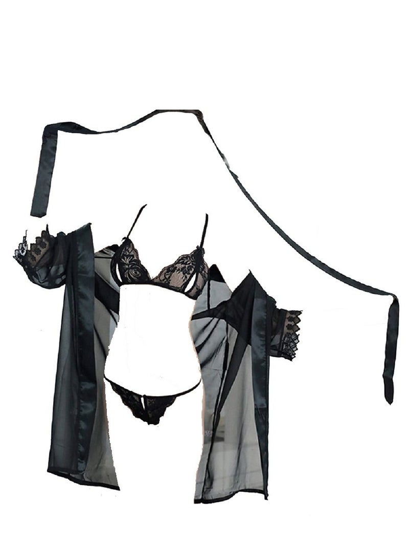 أربع قطع رداء ملابس النوم مع صدرية الدانتيل الزهرية وملخصات ليلية بدلة ليلية  - Image 2