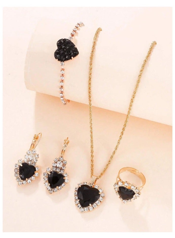 Elegant and distinctive women accessories set consisting of chain with pendant design studded with shiny crystals along with earrings bracelet and ring  - Image 4