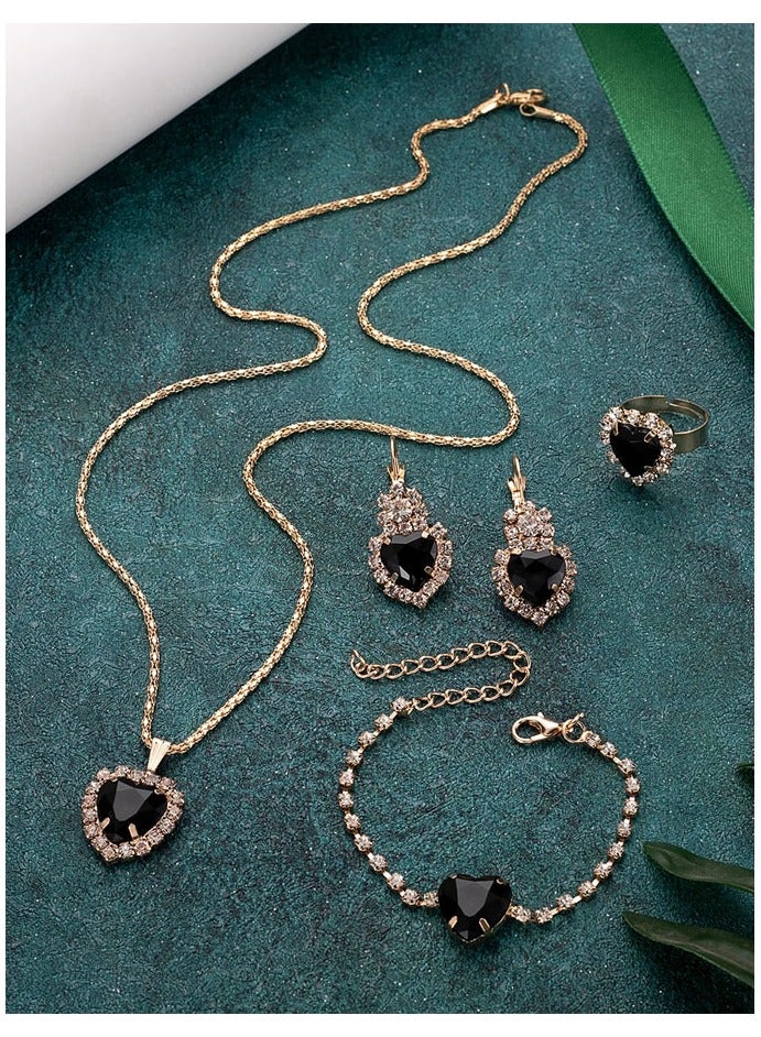 Elegant and distinctive women accessories set consisting of chain with pendant design studded with shiny crystals along with earrings bracelet and ring  - Image 2