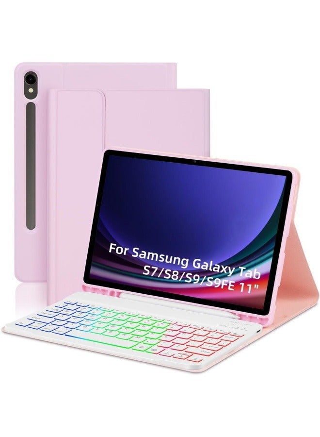 لوحة مفاتيح Bluetooth مناسبة لجهاز Samsung Tab S7/S8/S9/S9 FE بحجم 11 بوصة، غلاف جلدي مع لوحة مفاتيح ملونة مضيئة