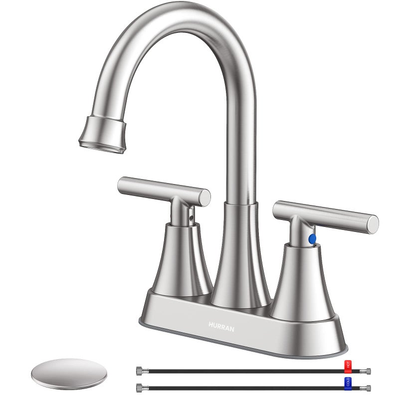 Hurran 4 inch Brushed Nickel 2-Handle Bathroom Sink Faucet with Pop-up Drain - Lead-Free Stainless Steel Centerset Faucet for Bathroom Sink Vanity, RV - Image 1