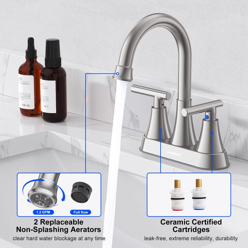Hurran 4 inch Brushed Nickel 2-Handle Bathroom Sink Faucet with Pop-up Drain - Lead-Free Stainless Steel Centerset Faucet for Bathroom Sink Vanity, RV - Image 4