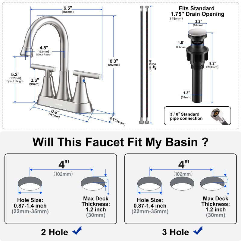 Hurran 4 inch Brushed Nickel 2-Handle Bathroom Sink Faucet with Pop-up Drain - Lead-Free Stainless Steel Centerset Faucet for Bathroom Sink Vanity, RV - Image 5