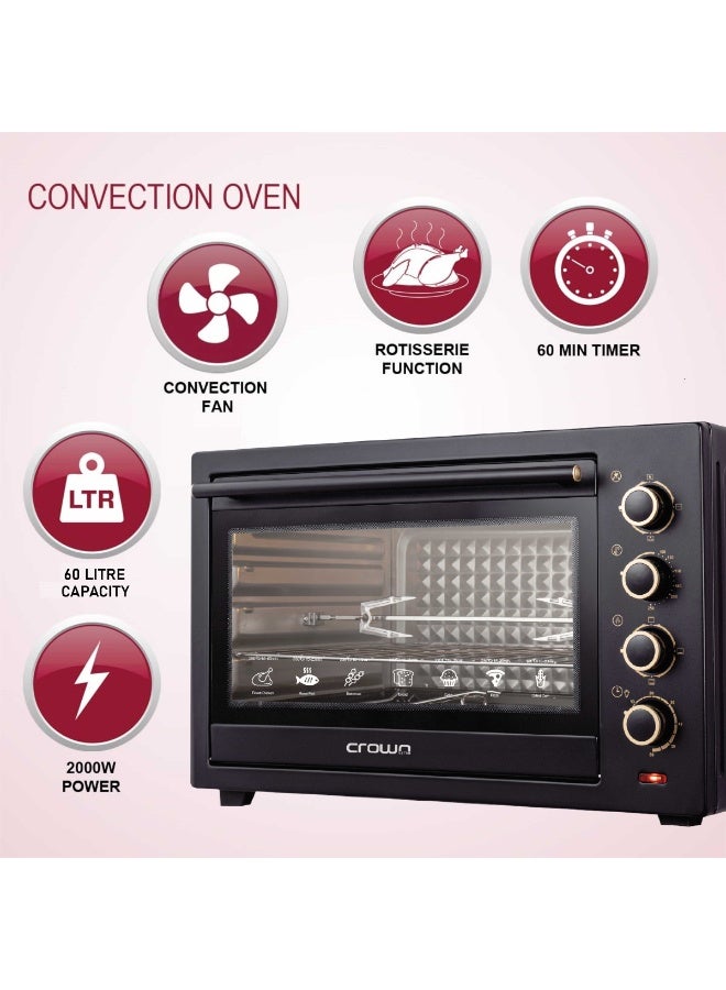 Crownline EO-438 Electric Oven, 60L 2000W, Double Grill & Convection, Rotisserie, Adjustable Thermostat up to 250°C, Glass Door, Anti-Rust Stainless Steel Interior – Black 60 L 2000 W EO-438 Black - Image 2