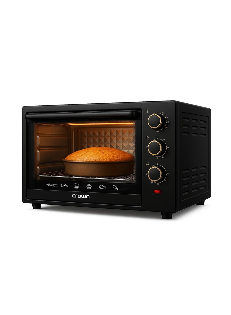 Crownline EO-438 Electric Oven, 60L 2000W, Double Grill & Convection, Rotisserie, Adjustable Thermostat up to 250°C, Glass Door, Anti-Rust Stainless Steel Interior – Black 60 L 2000 W EO-438 Black - Image 4