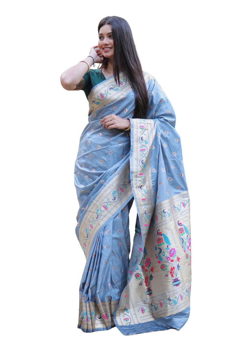 AMIRAT Women's Paithani Jacquard Silk Saree with Unstitched Blouse Piece (Grey) - Image 1