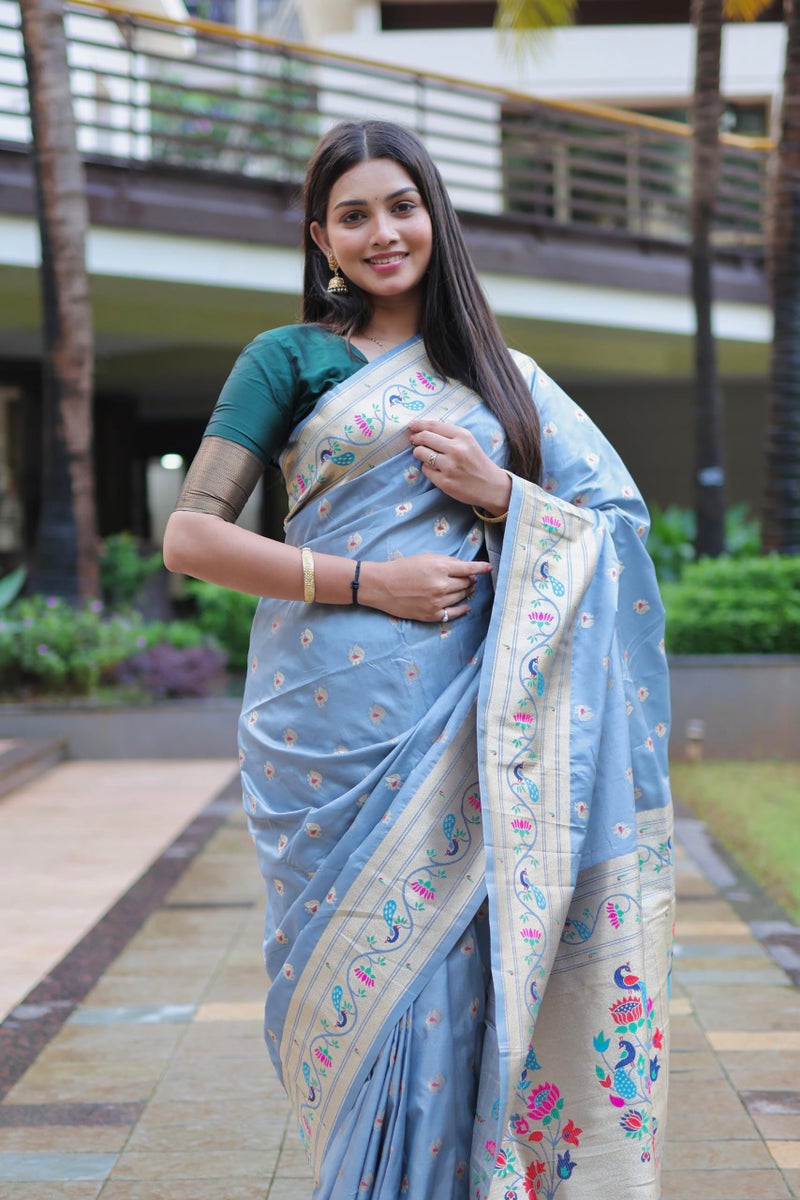 AMIRAT Women's Paithani Jacquard Silk Saree with Unstitched Blouse Piece (Grey) - Image 5