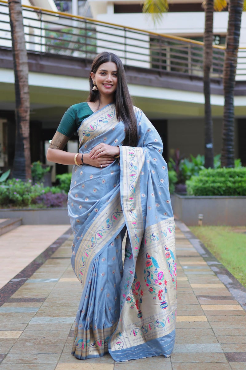 AMIRAT Women's Paithani Jacquard Silk Saree with Unstitched Blouse Piece (Grey) - Image 2