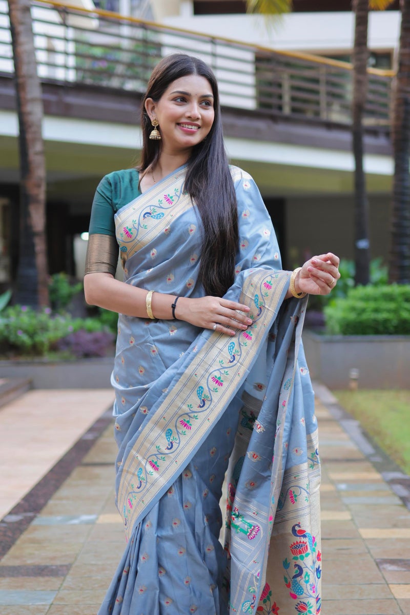 AMIRAT Women's Paithani Jacquard Silk Saree with Unstitched Blouse Piece (Grey) - Image 3
