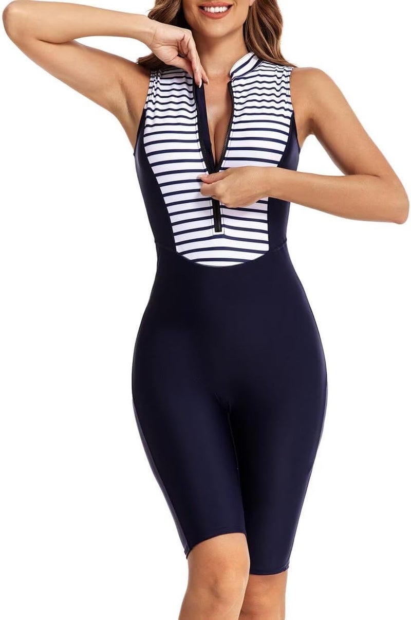 JadeRich Women's Boyleg Racerback One Piece Swimsuit Knee Length Zip Front Sports Bathing Suit - Image 3