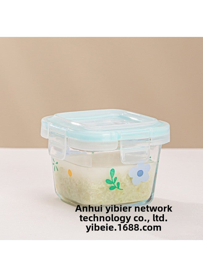 High Borosilicate Glass Lunch Box Baby Food Supplementary Box Freezer Mini Portable Fresh-keeping Bowl Sealed Storage Box-Specifications:Small Blue Flower Square Food Supplement Box  - Image 1