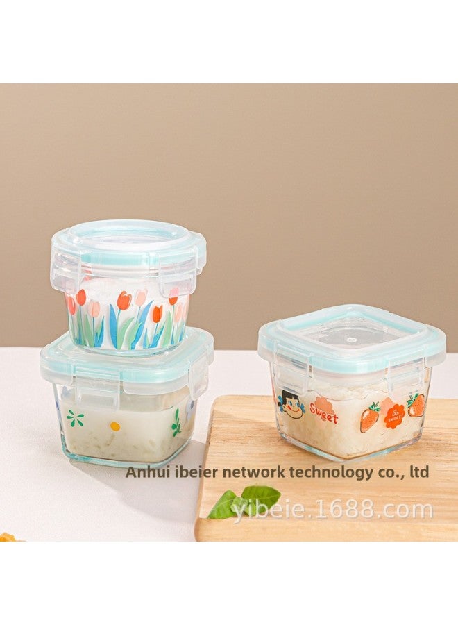 High Borosilicate Glass Lunch Box Baby Food Supplementary Box Freezer Mini Portable Fresh-keeping Bowl Sealed Storage Box-Specifications:Small Blue Flower Square Food Supplement Box  - Image 2