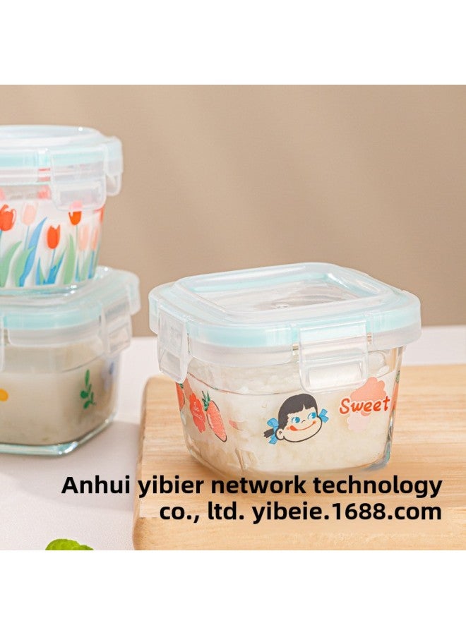 High Borosilicate Glass Lunch Box Baby Food Supplementary Box Freezer Mini Portable Fresh-keeping Bowl Sealed Storage Box-Specifications:Small Blue Flower Square Food Supplement Box  - Image 3