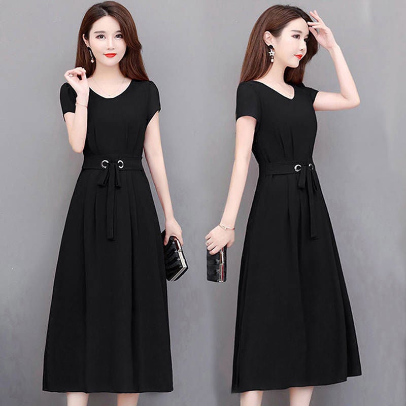 Plus Size Dress Women'S 2024 Summer Short-Sleeved Mid-Length Over-The-Knee Mid-Length Dress Belt Slim-Fit Slimming A- Line Dress - Image 3