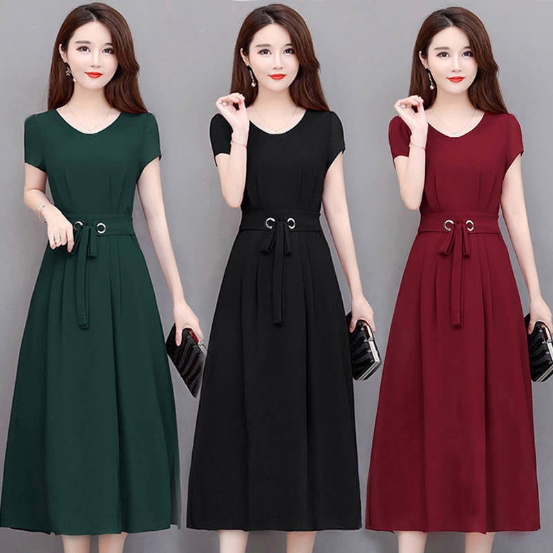 Plus Size Dress Women'S 2024 Summer Short-Sleeved Mid-Length Over-The-Knee Mid-Length Dress Belt Slim-Fit Slimming A- Line Dress - Image 2