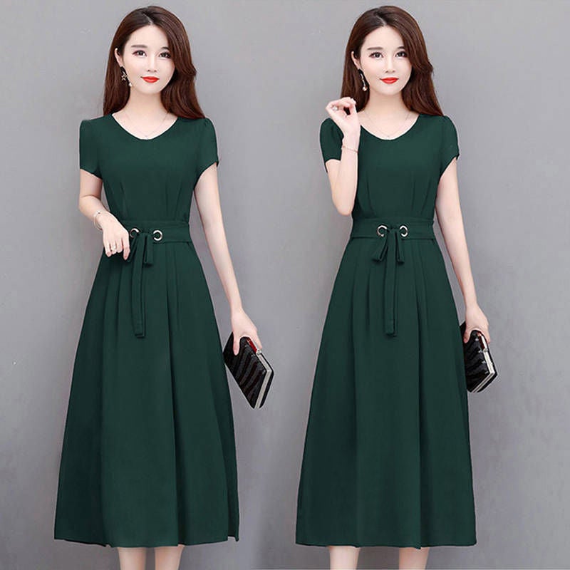 Plus Size Dress Women'S 2024 Summer Short-Sleeved Mid-Length Over-The-Knee Mid-Length Dress Belt Slim-Fit Slimming A- Line Dress - Image 4