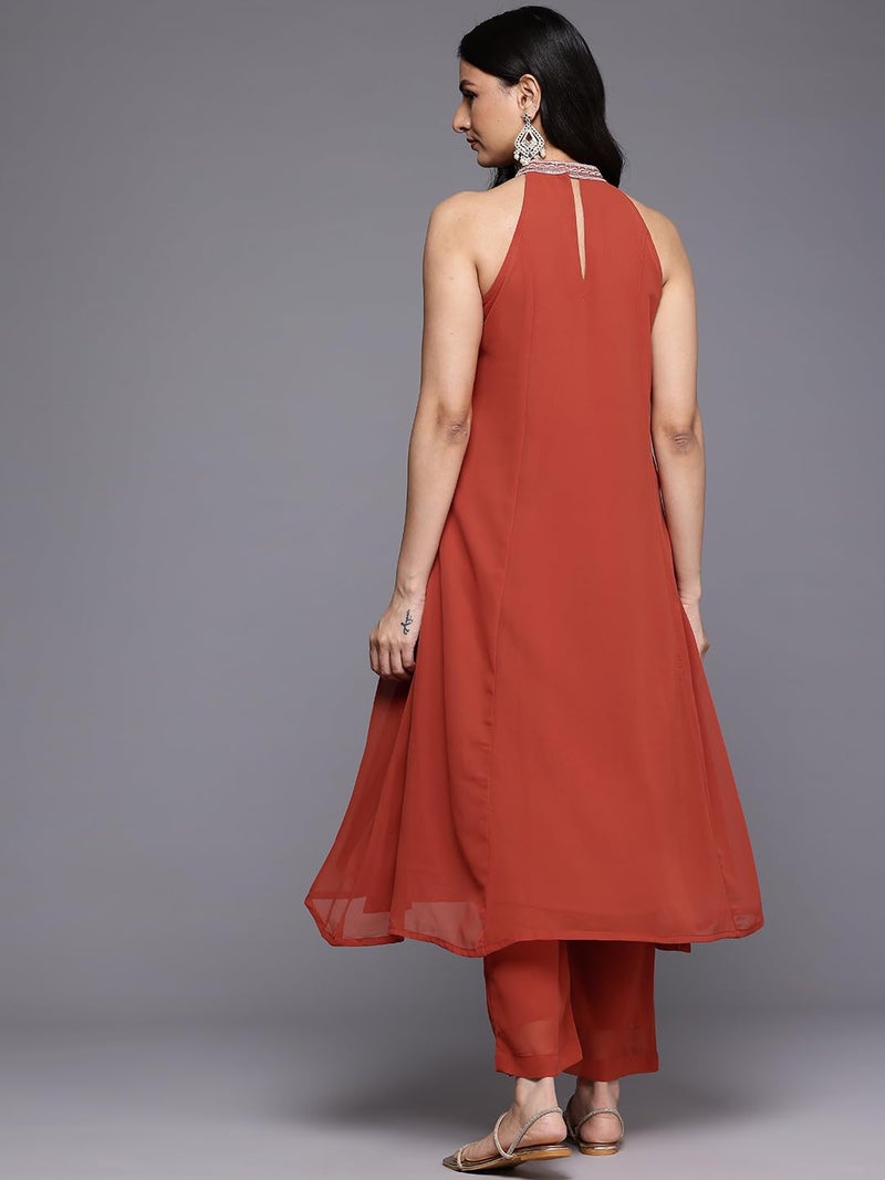 Varanga Women Halter Neck Zari And Sequence Embroidered Sleeveless Flared Kurta Paired With Tonal Bottom - Image 3