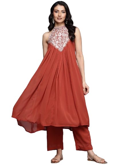 Varanga Women Halter Neck Zari And Sequence Embroidered Sleeveless Flared Kurta Paired With Tonal Bottom - Image 1