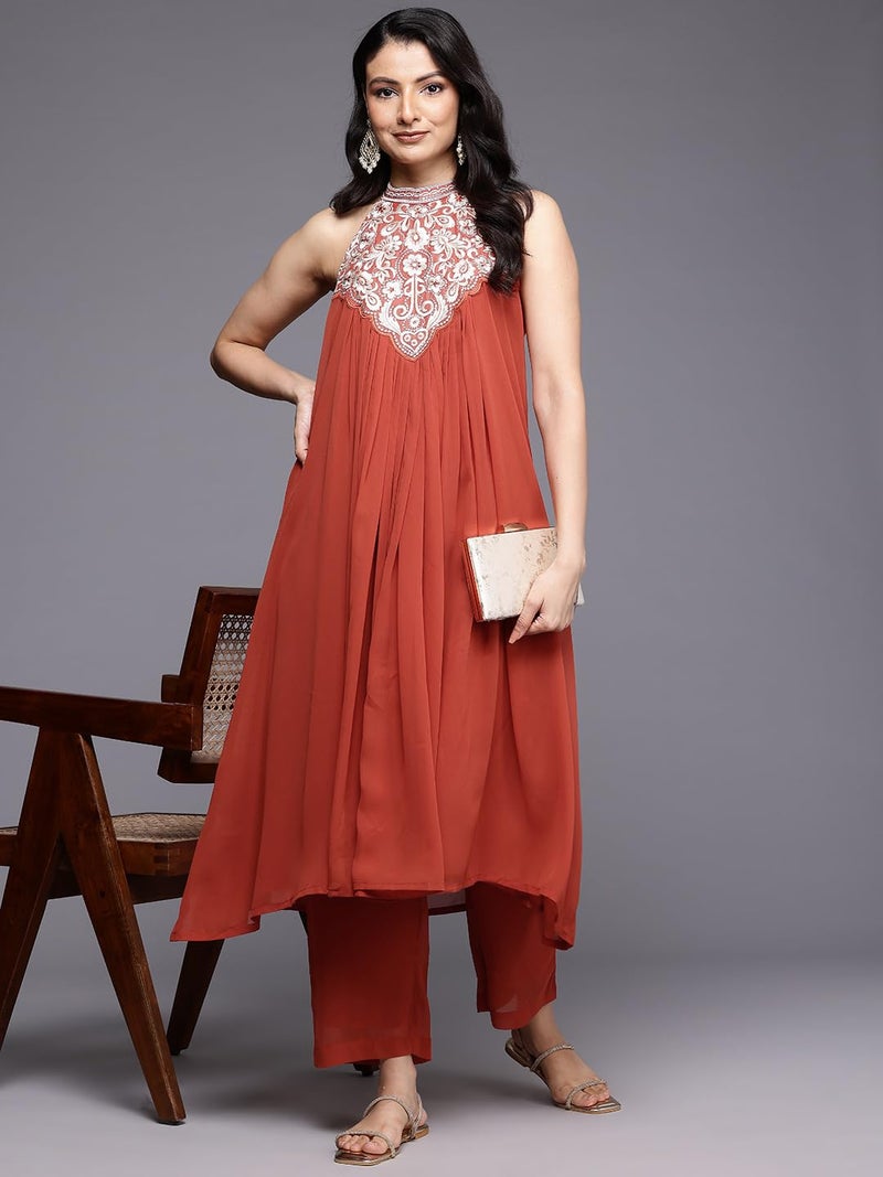 Varanga Women Halter Neck Zari And Sequence Embroidered Sleeveless Flared Kurta Paired With Tonal Bottom - Image 5