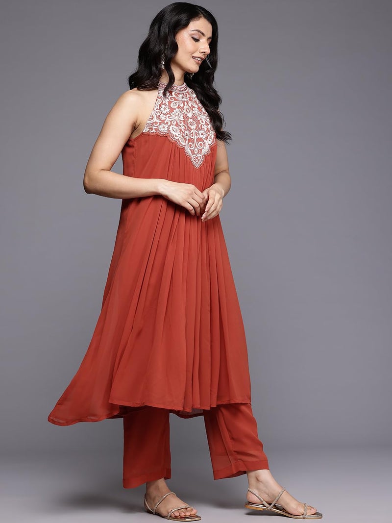 Varanga Women Halter Neck Zari And Sequence Embroidered Sleeveless Flared Kurta Paired With Tonal Bottom - Image 2