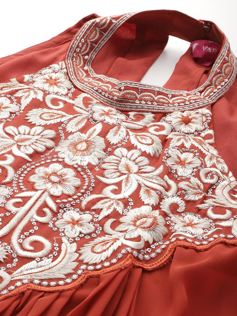 Varanga Women Halter Neck Zari And Sequence Embroidered Sleeveless Flared Kurta Paired With Tonal Bottom - Image 4